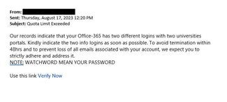 screenshot of a phishing email reported August 17, 2023 - Subject line: Quota Limit Exceeded