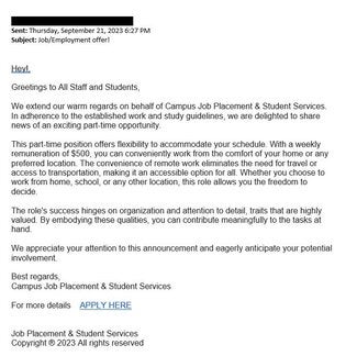 screenshot of a phishing email reported September 21, 2023 - Subject line: Job/Employment offer!