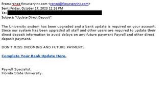 screenshot of phishing email reported October 27, 2023 - Subject line: Update Direct Deposit