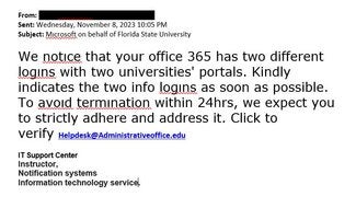 screenshot of phishing email reported November 8, 2023 - Subject line: Microsoft on behalf of Florida State University