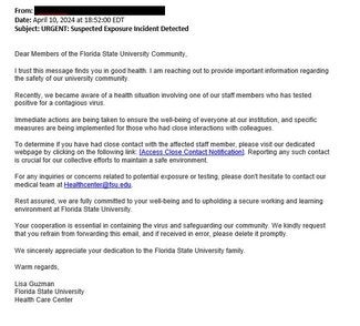 screenshot of phishing email reported April 10, 2024 - Subject line: URGENT: Suspected Exposure Incident Detected