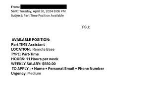 screenshot of a phishing email reported April 30, 2024 - Subject line: Part Time Position Available