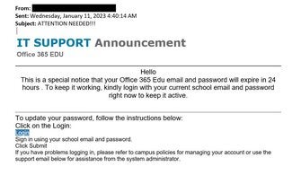 screenshot of a phishing email reported January 11, 2023 - Subject line: ATTENTION NEEDED!!!