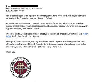 screenshot of a phishing email reported February 15, 2023 - Subject line: WORK STUDY