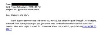 screenshot of a phishing email reported February 24, 2023 - Subject line: Job Opportunity For Students