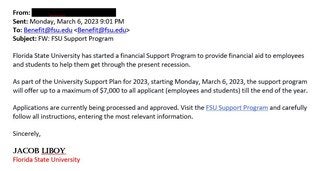 screenshot of a phishing email reported March 6, 2023 - Subject line: FW: FSU Support Program