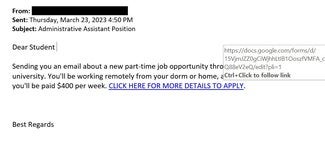 screenshot of a phishing email reported March 23, 2023 - Subject line: Administrative Assistant Position