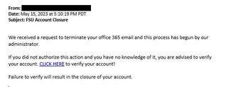 screenshot of a phishing email reported May 15, 2023 - Subject line: FSU Account Closure