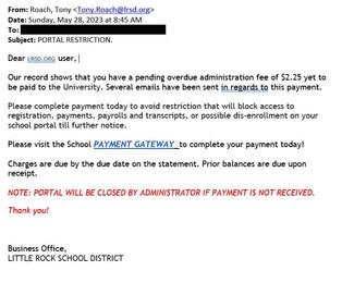 screenshot of a phishing email reported May 28, 2023 - Subject line: PORTAL RESTRICTIONS.