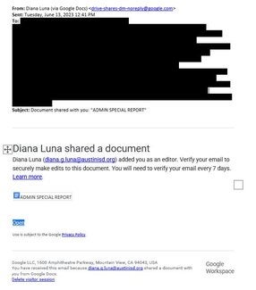 screenshot of a phishing email reported June 13, 2023 - Subject line: Document shared with you: "ADMIN SPECIAL REPORT"