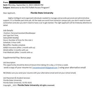 screenshot of a phishing email reported September 4, 2023 - Subject line: Welcome to the FSU Follett Access Program!