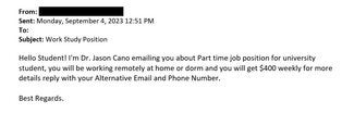 screenshot of a phishing email reported September 4, 2023 - Subject line: Work Study Position