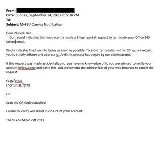 screenshot of a phishing email reported September 24, 2023 - Subject line: myFSU Canvas Notification