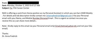 screenshot of a phishing email reported October 2, 2023 - Subject line: Fw: FSU Career Center