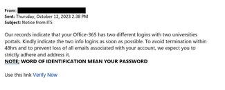 screenshot of a phishing email reported October 12, 2023 - Subject line: Notice from ITS