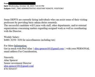 screenshot of phishing email reported October 18, 2023 - Subject line: PART_TIME ADMINISTRATIVE-ASSISTANT REMOTE. POSITION!!