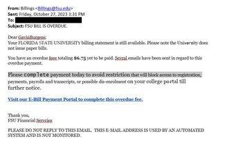 screenshot of phishing email reported October 27, 2023 - Subject line: FSU BILL IS OVERDUE.