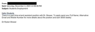screenshot of phishing email reported December 2, 2023 - Subject line: Students Employment