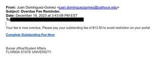 screenshot of phishing email reported December 18, 2023 - Subject line: Overdue Fee Reminder.