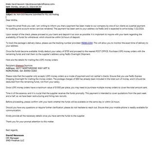 screenshot of phishing email reported January 22, 2024 - Subject line: Re: Non-OCR Resume Submitted for FSU Job Posting
