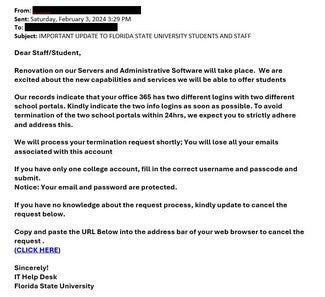 screenshot of phishing email reported February 3, 2024 - Subject line: IMPORTANT UPDATE TO FLORIDA STATE UNIVERSITY STUDENTS AND STAFF