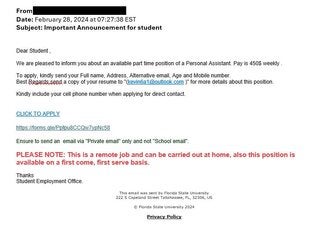 screenshot of phishing email reported February 28, 2024 - Subject line: Important Announcement for student