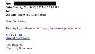 screenshot of phishing email reported March 10, 2024 - Subject line: Recent FSU Notification