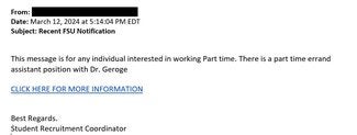 screenshot of phishing email reported March 12, 2024 - Subject line: Recent FSU Notification
