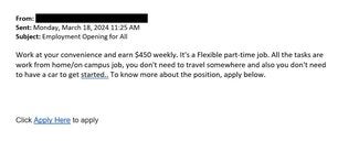 screenshot of phishing email reported March 18, 2024 - Subject line: Employment Opening for All