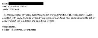 screenshot of phishing email reported March 20, 2024 - Subject line: FSU Alert !