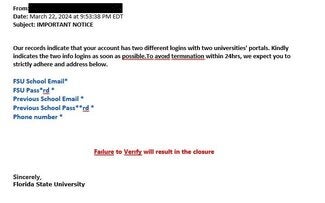 screenshot of phishing email reported March 22, 2024 - Subject line: IMPORTANT NOTICE