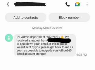 screenshot of phishing email reported March 25, 2024 - Subject line: I/T Admin department