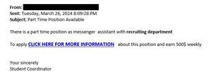 screenshot of phishing email reported March 26, 2024 - Subject line: Part Time Position Available