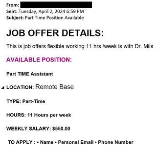screenshot of phishing email reported April 2, 2024 - Subject line: Part Time Position Available