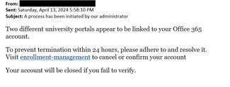 screenshot of phishing email reported April 13, 2024 - Subject line: A process has been initiated by our administrator