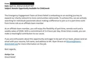screenshot of a phishing email reported April 22, 2024 - Subject line: Remote Opportunity Available for $500/week