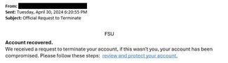 screenshot of a phishing email reported April 30, 2024 - Subject line: Official Request to Terminate