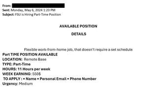 screenshot of a phishing email reported May 6, 2024 - Subject line: FSU is Hiring Part-Time Position
