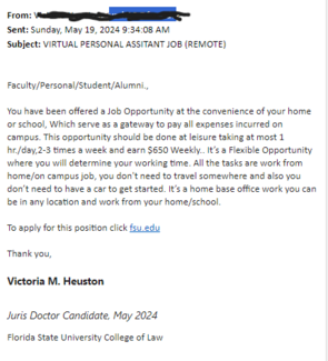 screenshot of a phishing email reported May 19, 2024 - Subject line: VIRTUAL PERSONAL ASSISTANT JOB (REMOTE)