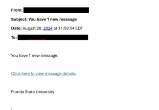 screenshot of a phishing email reported August 28, 2024 - Subject line: You have 1 new message