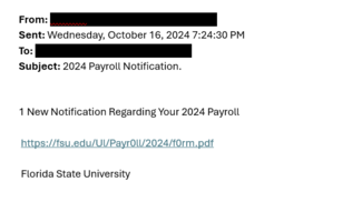 screenshot of a phishing email reported October 16, 2024 - Subject line: 2024 Payroll Notification.