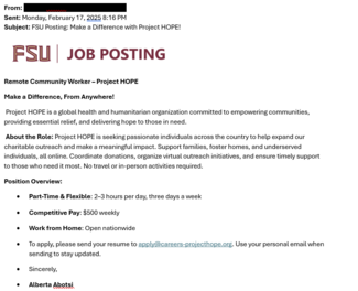 screenshot of a phishing email reported February 17, 2025 - Subject line: FSU Posting: Make a Difference with Project HOPE!