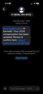 screenshot of a phishing text reported March 15, 2026 - Subject line: Your 2026 compensation has been updated