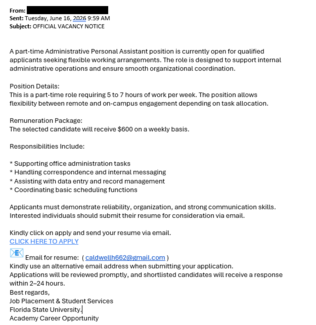 screenshot of a phishing email reported June 16, 2026 - Subject line: OFFICIAL VACANCY NOTICE